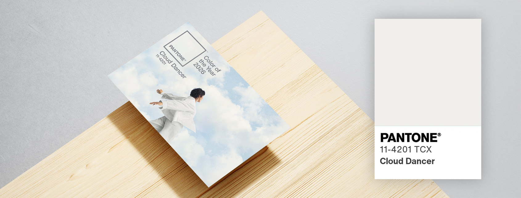Vor einem holzfarbenem Hintergrund werden zwei Grafiken zur Pantonefarbe des Jahres Cloud Dancer gezeigt